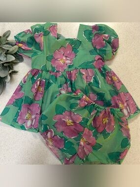 Toddler Girls Green and Purple Floral Matching Shirt and Shorts set